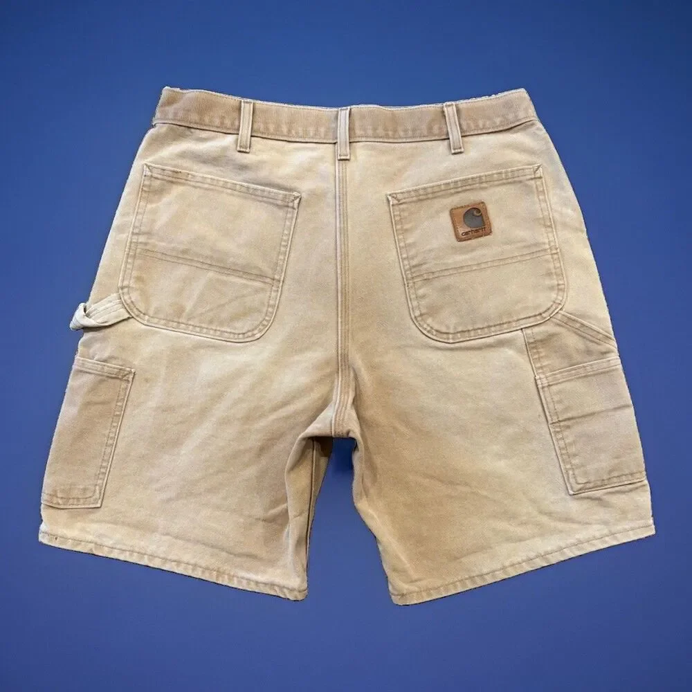 Vintage CARHARTT B25 BRN Carpenter Canvas LEATHER PATCH Shorts Sz 32/34 Mexico